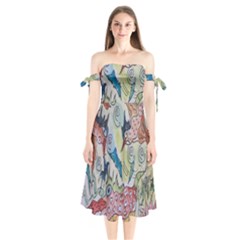 Watercolor Postcard2 Shoulder Tie Bardot Midi Dress by chellerayartisans