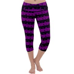 Zombie Purple And Black Halloween Nightmare Stripes  Capri Yoga Leggings by PodArtist