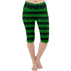 Alien Green And Black Halloween Nightmare Stripes  Lightweight Velour Cropped Yoga Leggings by PodArtist