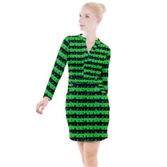 Monster Green And Black Halloween Nightmare Stripes  Button Long Sleeve Dress by PodArtist