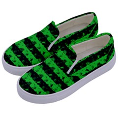 Monster Green And Black Halloween Nightmare Stripes  Kids  Canvas Slip Ons by PodArtist