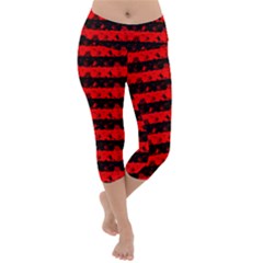 Red Devil And Black Halloween Nightmare Stripes  Lightweight Velour Capri Yoga Leggings by PodArtist