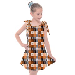 Witches, Monsters And Ghosts Halloween Orange And Black Patchwork Quilt Squares Kids  Tie Up Tunic Dress by PodArtist