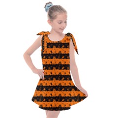 Dark Pumpkin Orange And Black Halloween Nightmare Stripes  Kids  Tie Up Tunic Dress by PodArtist