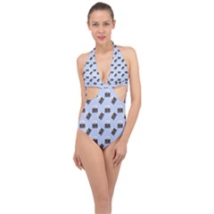 Retro Typewriter Blue Pattern Halter Front Plunge Swimsuit by snowwhitegirl