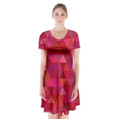 Maroon Dark Red Triangle Mosaic Short Sleeve V-neck Flare Dress by Sapixe