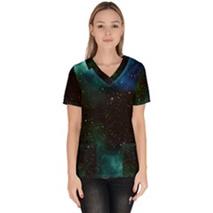 Galaxy Sky Blue Green Women s V-neck Scrub Top by snowwhitegirl