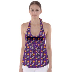 Halloween Skeleton Pumpkin Pattern Purple Babydoll Tankini Top by snowwhitegirl