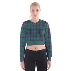 Mod Teal Red Circles Pattern Cropped Sweatshirt by BrightVibesDesign