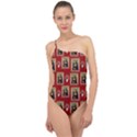 Mona Lisa Frame Pattern Red Classic One Shoulder Swimsuit View1