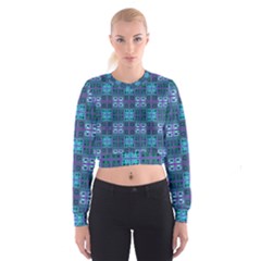 Mod Purple Green Turquoise Square Pattern Cropped Sweatshirt by BrightVibesDesign