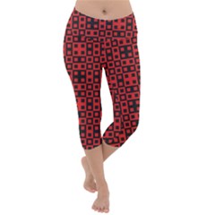 Abstract Background Red Black Lightweight Velour Capri Yoga Leggings by Simbadda