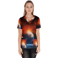 Earth Globe Planet Space Universe Women s V-neck Scrub Top by Celenk