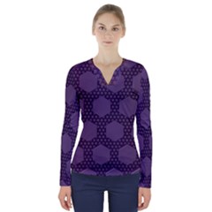 Hexagon Grid Geometric Hexagonal V-neck Long Sleeve Top by Celenk