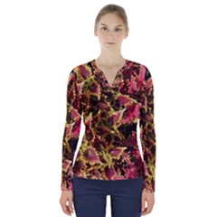 Plant Leaves Foliage Pattern V-neck Long Sleeve Top by Celenk