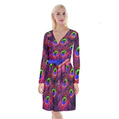 Peacock Feathers Color Plumage Long Sleeve Velvet Front Wrap Dress by Celenk