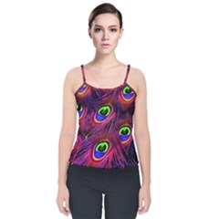 Peacock Feathers Color Plumage Velvet Spaghetti Strap Top by Celenk