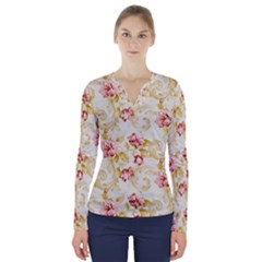 Background Pattern Flower Spring V-neck Long Sleeve Top by Celenk