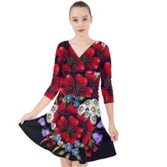 Flower Decoration Bouquet Of Flowers Quarter Sleeve Front Wrap Dress by Sapixe