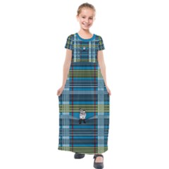 Playing With Plaid Kitten (blue) Pattern Kids  Short Sleeve Maxi Dress by emilyzragz