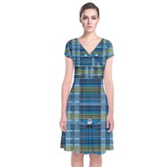 Playing With Plaid Kitten (blue) Pattern Short Sleeve Front Wrap Dress by emilyzragz