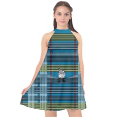 Playing With Plaid Kitten (blue) Pattern Halter Neckline Chiffon Dress  by emilyzragz