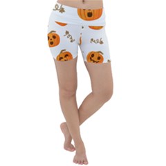 Funny Spooky Halloween Pumpkins Pattern White Orange Lightweight Velour Yoga Shorts by HalloweenParty