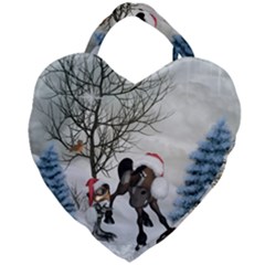 Christmas, Cute Bird With Horse Giant Heart Shaped Tote by FantasyWorld7