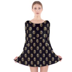 Venetian Mask Motif Pattern 1 Long Sleeve Velvet Skater Dress by dflcprintsclothing