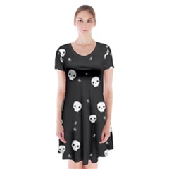 Pattern Skull Stars Halloween Gothic On Black Background Short Sleeve V-neck Flare Dress by genx