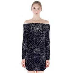 Pattern Spiderweb Halloween Gothic On Black Background Long Sleeve Off Shoulder Dress by genx