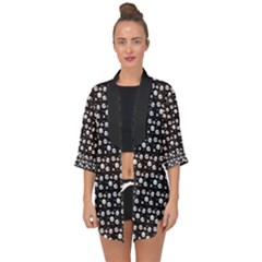 Pattern Skull Bones Halloween Gothic On Black Background Open Front Chiffon Kimono by genx