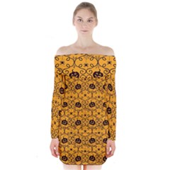 Pattern Pumpkin Spider Vintage Halloween Gothic Orange And Black Long Sleeve Off Shoulder Dress by genx