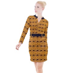 Pattern Pumpkin Spider Vintage Halloween Gothic Orange And Black Button Long Sleeve Dress by genx