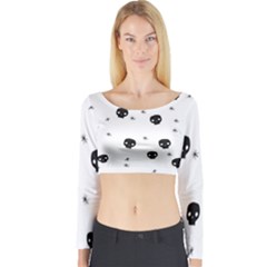 Pattern Skull Stars Handrawn Naive Halloween Gothic Black And White Long Sleeve Crop Top by genx