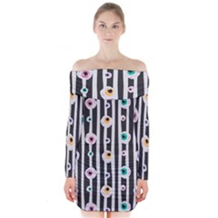 Pattern Eyeball Black And White Naive Stripes Gothic Halloween Long Sleeve Off Shoulder Dress by genx