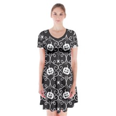 Pattern Pumpkin Spider Vintage Gothic Halloween Black And White Short Sleeve V-neck Flare Dress by genx