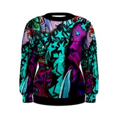 Graffiti Woman And Monsters Turquoise Cyan And Purple Bright Urban Art With Stars Women s Sweatshirt by genx