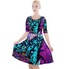 Graffiti Woman And Monsters Turquoise Cyan And Purple Bright Urban Art With Stars Quarter Sleeve A-line Dress by genx