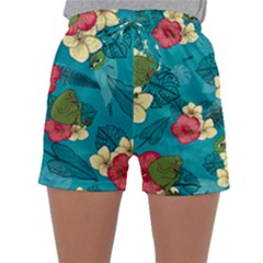 Apu Apustaja And Groyper Pepe The Frog Frens Hawaiian Shirt With Red Hibiscus On Green Background From Kekistan Women s Satin Sleepwear Shorts by snek