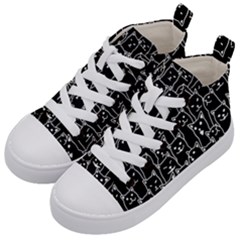 Funny Cat Pattern Organic Style Minimalist On Black Background Kid s Mid-top Canvas Sneakers by genx