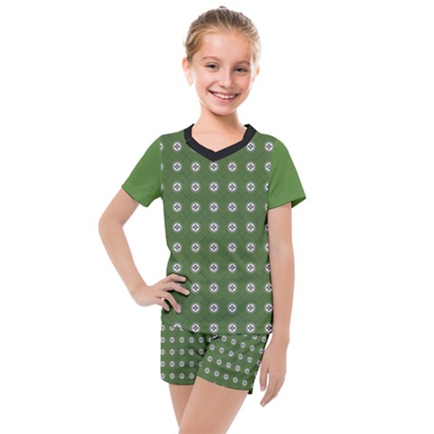 Logo Kekistan Pattern Elegant With Lines On Green Background Kids  Mesh Tee And Shorts Set by snek