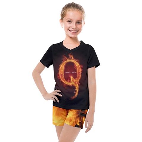 Qanon Letter Q Fire Effect Wwgowga Wwg1wga Kids  Mesh Tee And Shorts Set by snek