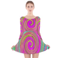 Groovy Abstract Pink, Turquoise And Yellow Swirl Long Sleeve Velvet Skater Dress by myrubiogarden