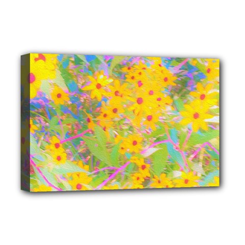 Pretty Yellow And Red Flowers With Turquoise Deluxe Canvas 18  X 12  (stretched) by myrubiogarden