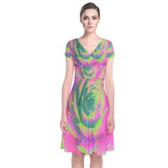 Lime Green And Pink Succulent Sedum Rosette Short Sleeve Front Wrap Dress by myrubiogarden