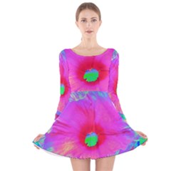 Psychedelic Pink And Red Hibiscus Flower Long Sleeve Velvet Skater Dress by myrubiogarden