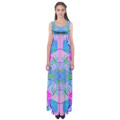 Pink And Purple Dahlia On Blue Pattern Empire Waist Maxi Dress by myrubiogarden