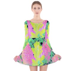 Fluorescent Yellow Smoke Tree With Pink Hydrangea Long Sleeve Velvet Skater Dress by myrubiogarden