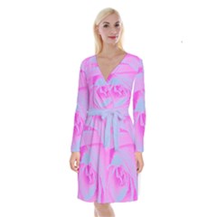 Perfect Hot Pink And Light Blue Rose Detail Long Sleeve Velvet Front Wrap Dress by myrubiogarden